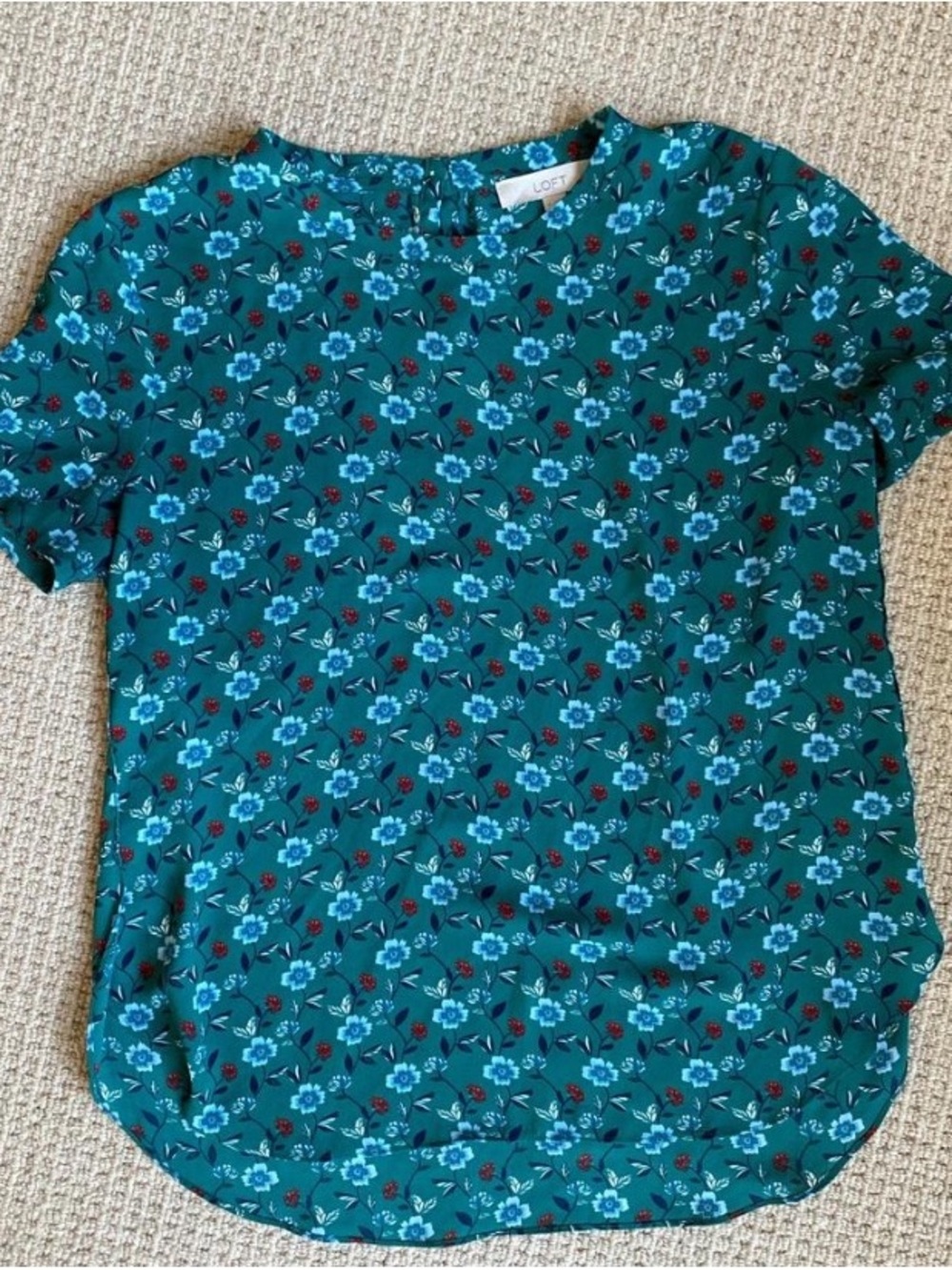 LOFT Green Floral Short Sleeve Top with Blue & Burgundy Accents